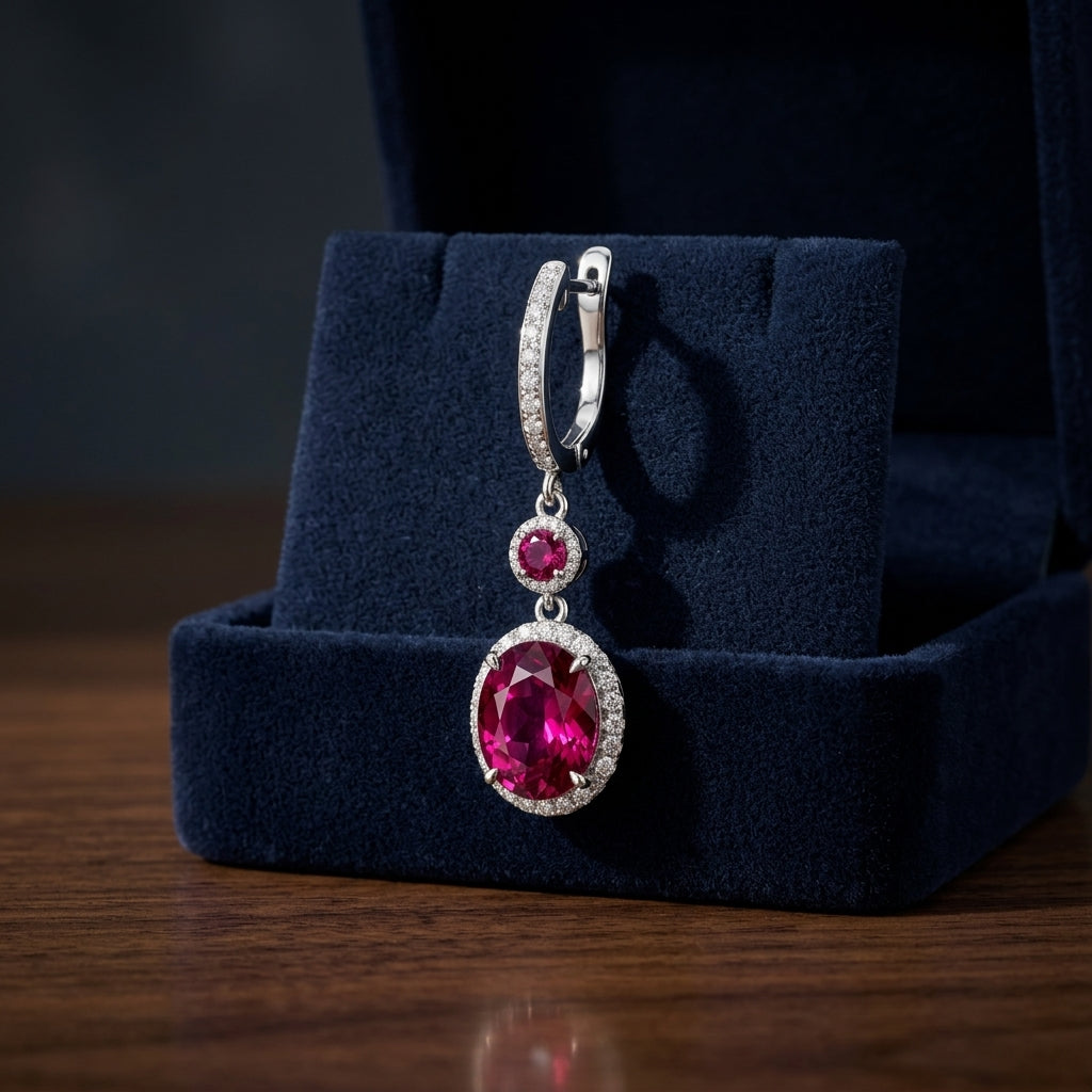Rhodolite Garnet & Diamond Dangle Earrings 1/8ctw in 14K Yellow Gold - presentation