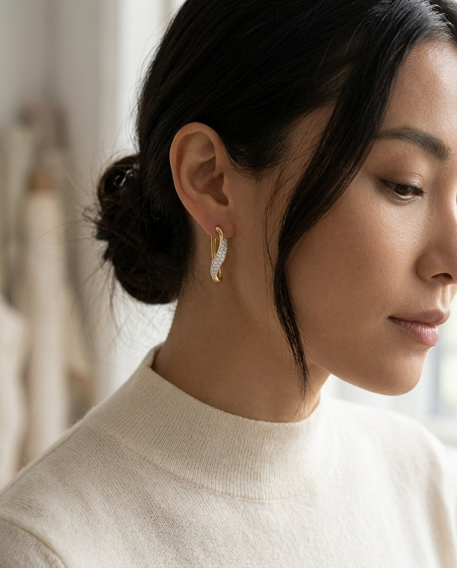 Diamond Twist V Hoop Earrings in 14k Yellow Gold 1/2ctw — editorial close-up