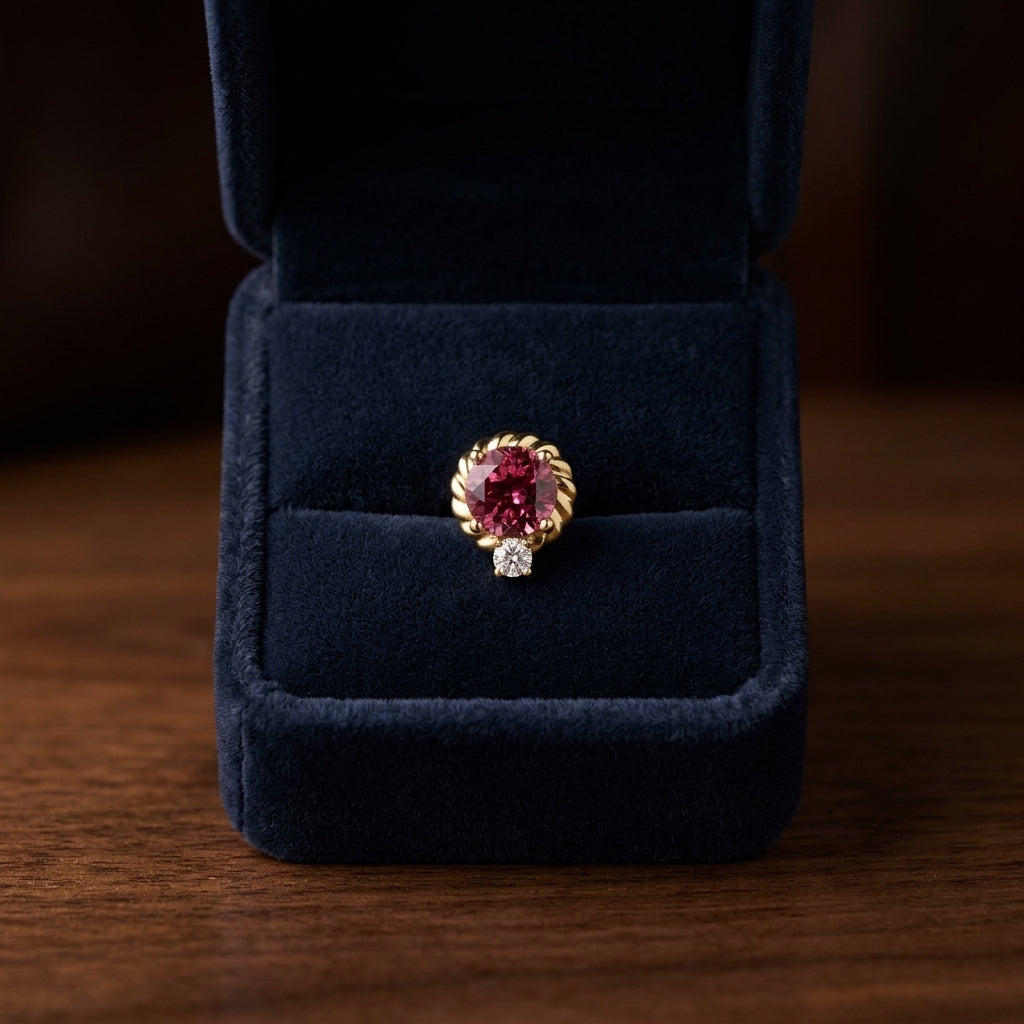 Rhodolite Garnet and Diamond Ripple Edge Halo Stud Earrings in 14k Yellow Gold 1/5ctw — gift presentation