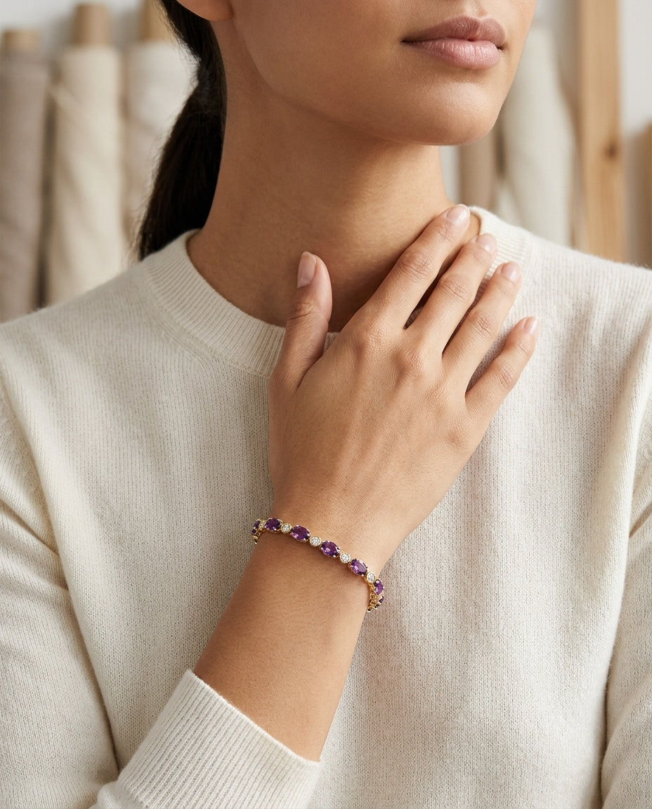 Amethyst And Diamond Oval Bracelet With Round Bezel Links In 14k Yellow Gold (5x3mm) — editorial close-up