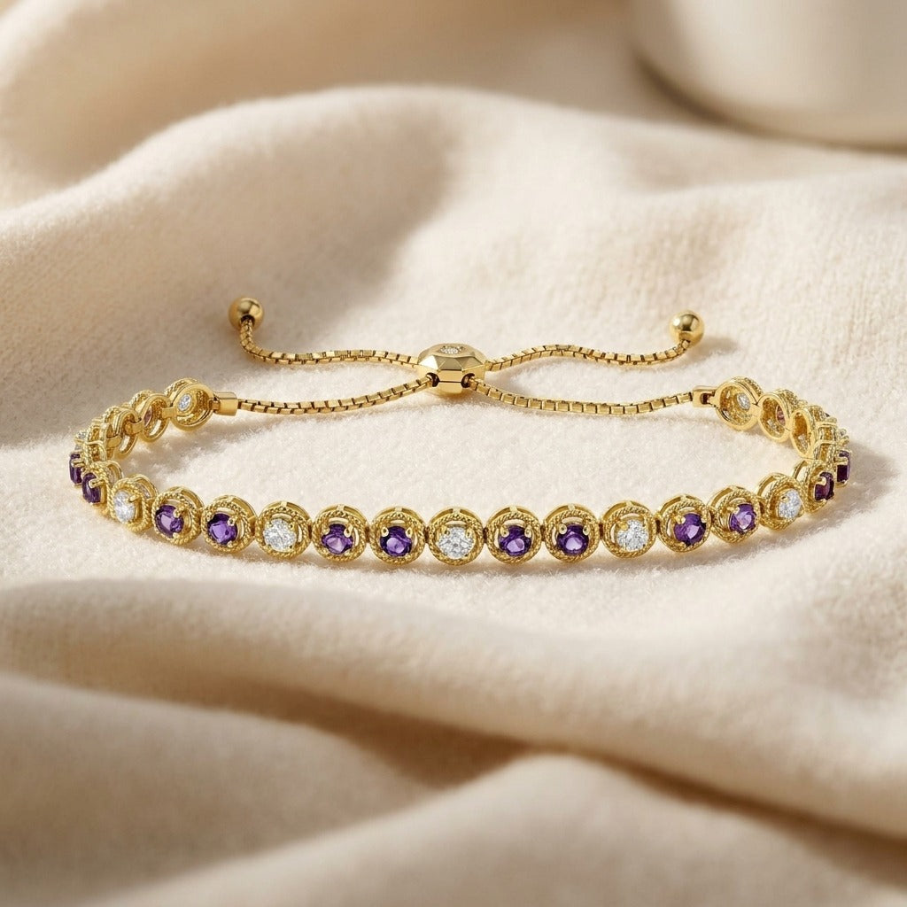 Alternating Amethyst and Diamond Bolo Bracelet in 14k Yellow Gold 1.0ctw — textile flat lay