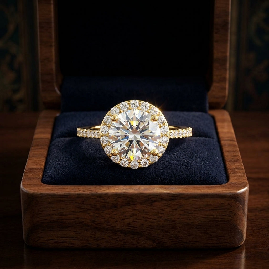 1 1/12ctw Round Diamond Halo Engagement Ring With Pave Shank In 14k Yellow Gold, Igi-certified — gift presentation