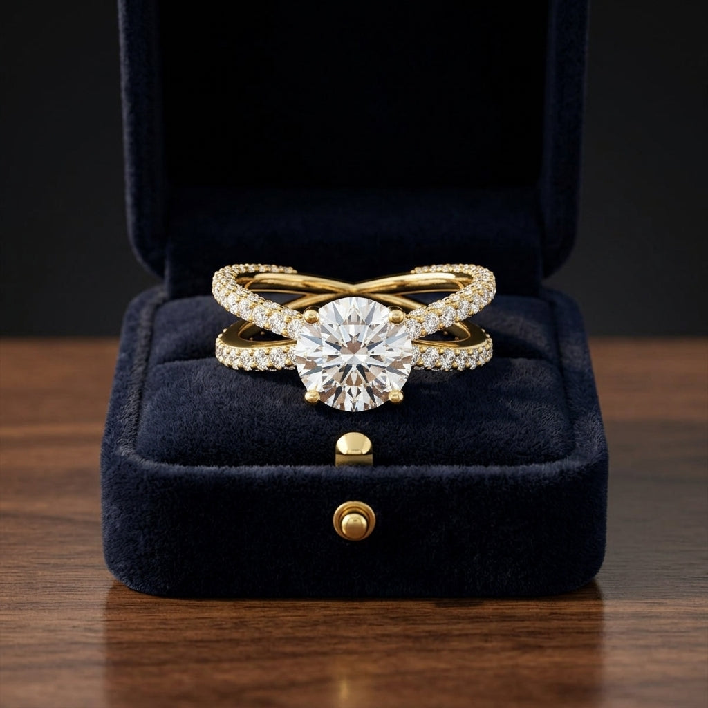 2 1/4ctw Round Diamond Engagement Ring With Crossover Pave Shank In 14k Yellow Gold, Igi-certified — gift presentation