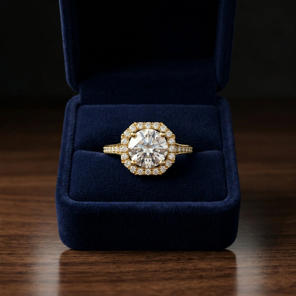 1 1/3ctw Round Diamond Engagement Ring With Octagon Halo Frame And Pave Shank In 14k Yellow Gold, Igi-certified — gift presentation