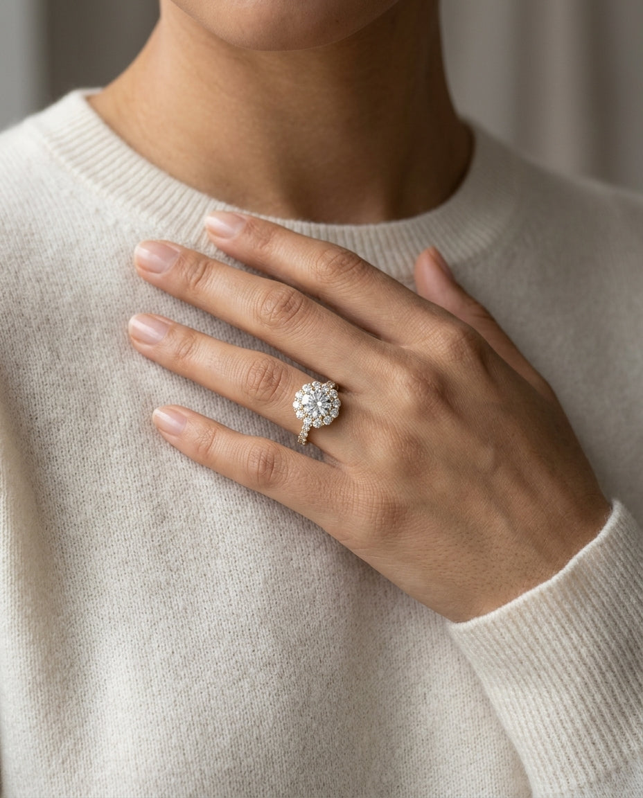 2 1/16ctw Round Diamond Halo Engagement Ring With Pave Shank In 14k Yellow Gold, Igi-certified — editorial close-up