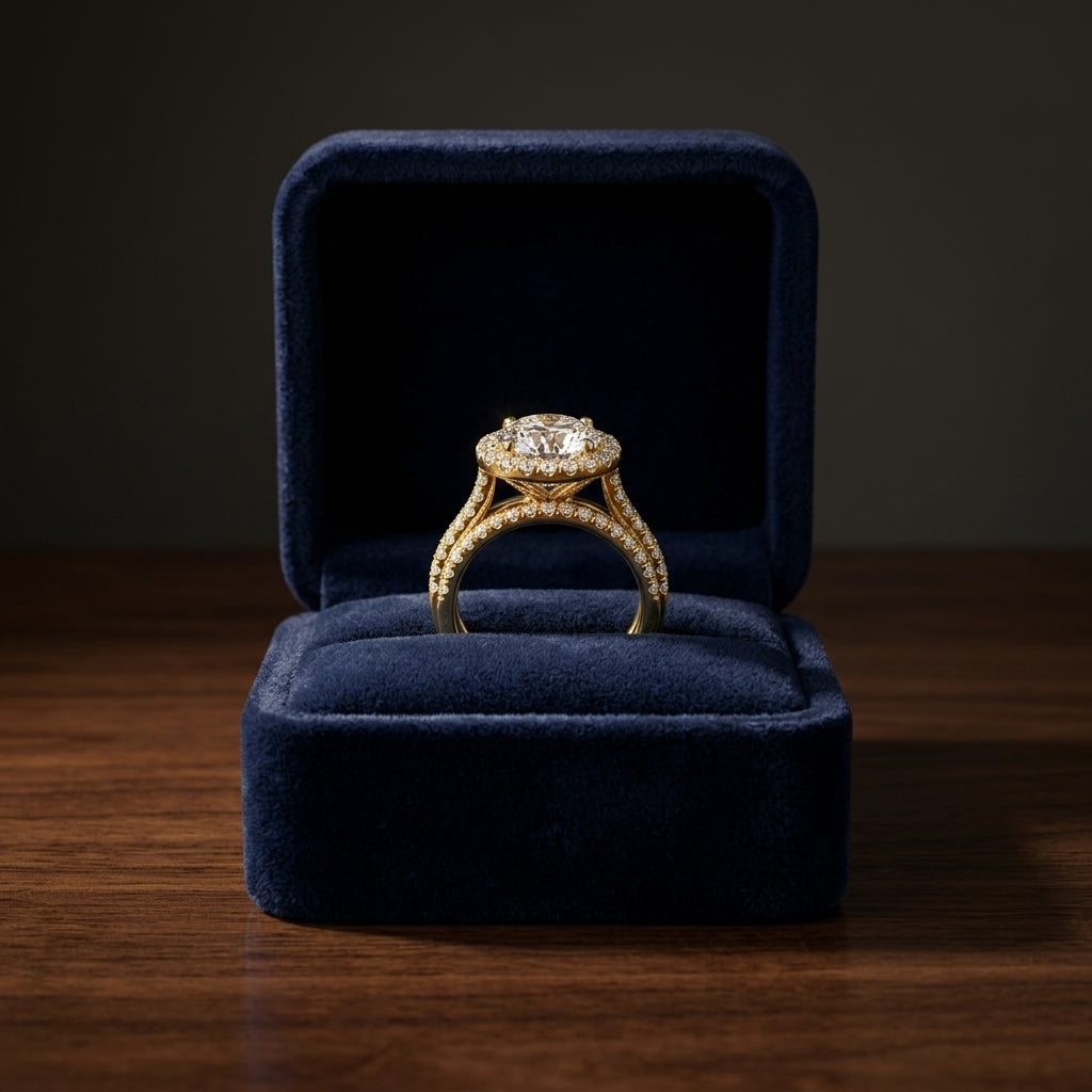 1 3/8ctw Round Diamond Halo Split Shank Engagement Ring In 14k Yellow Gold, Igi-certified — gift presentation