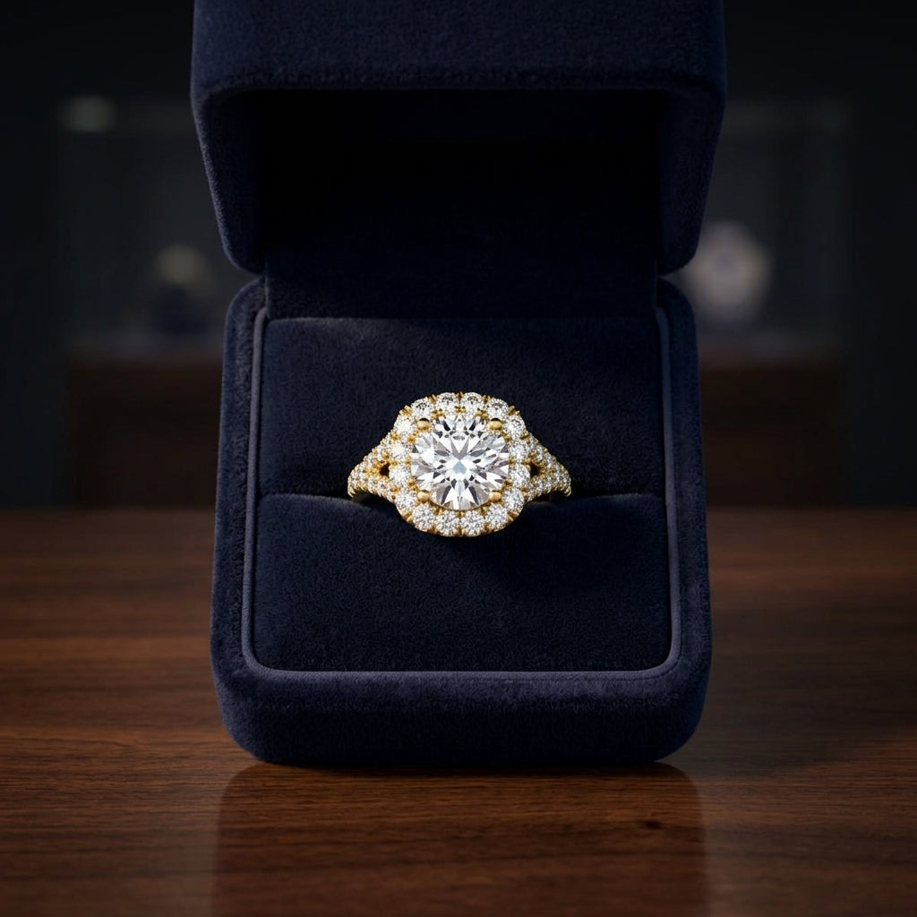1 1/2ctw Round Diamond Square Halo Engagement With Pave Split Shank In 14k Yellow Gold, Igi-certified — gift presentation