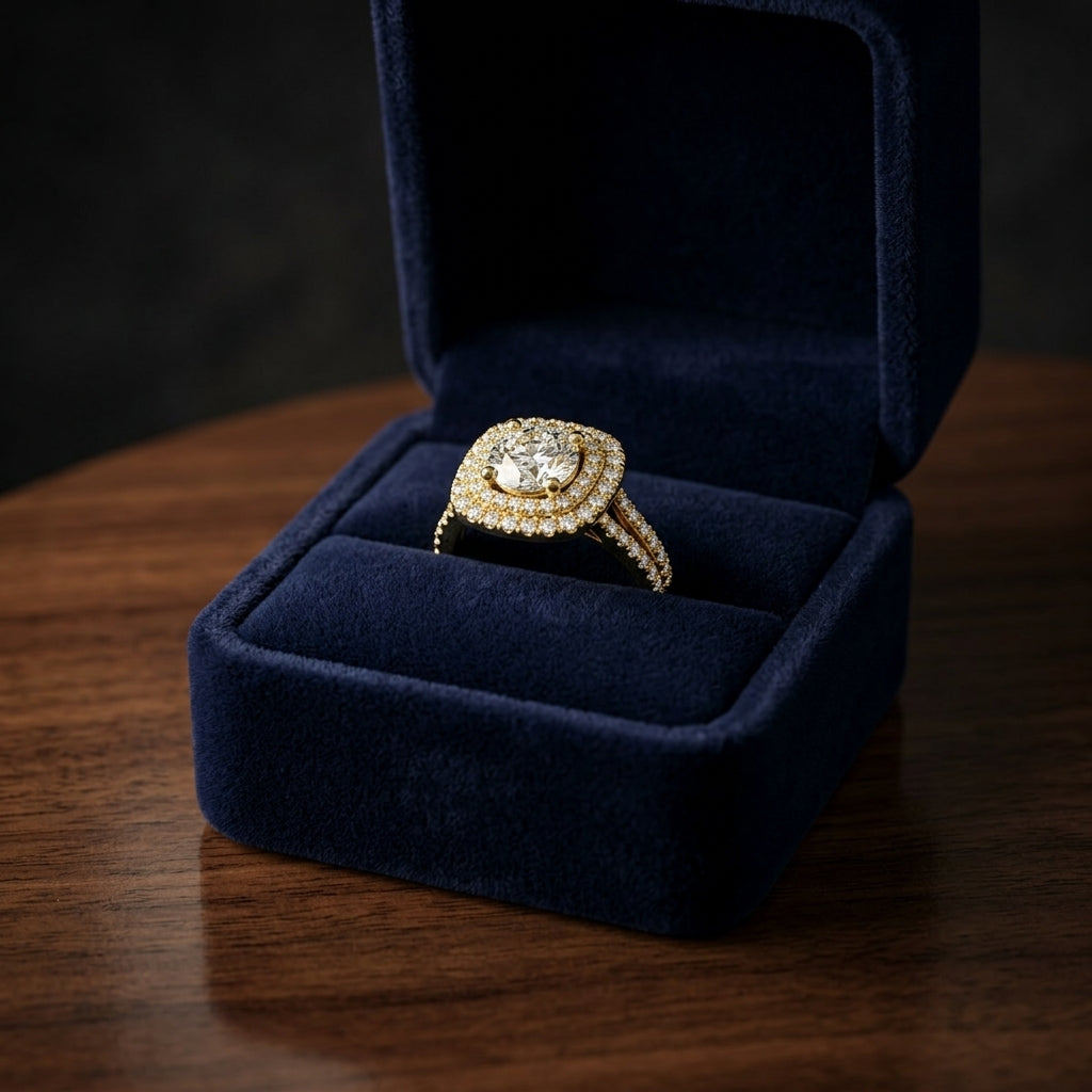 1 3/8ctw Round Diamond Double Entourage Engagement Ring With 2 Row Shank In 14k Yellow Gold, Igi-certified — gift presentation