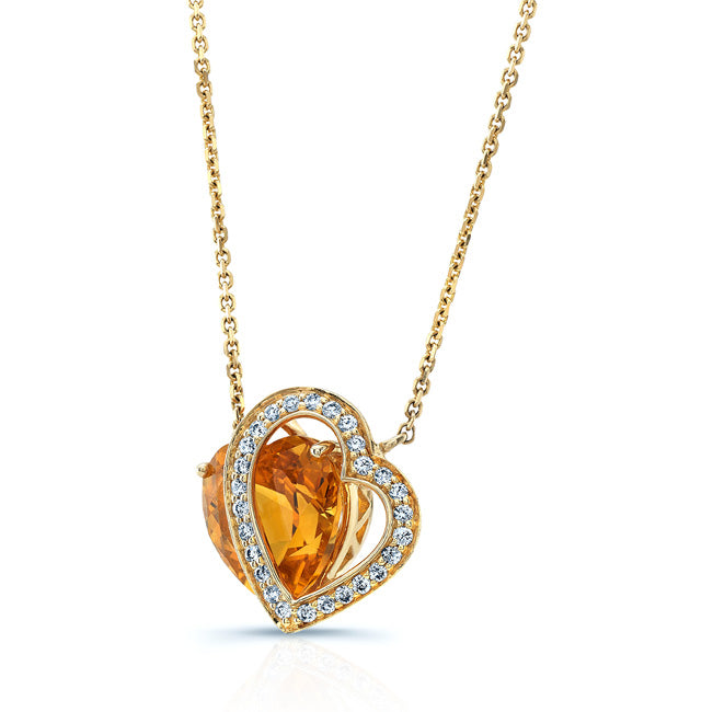 Citrine & Diamond Heart Shape Necklace In 14k Yellow Gold