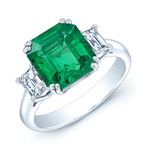 Prong Set Three Stone Emerald And Diamond Ring In 18k White Gold