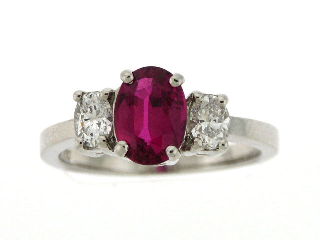 Ruby Oval And Diamond 3 Stone Ring Platinum