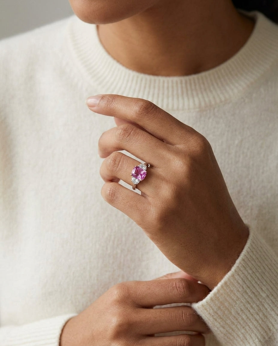 Pink Sapphire And Diamond Ring In Platinum And 18k Yellow Gold — editorial close-up