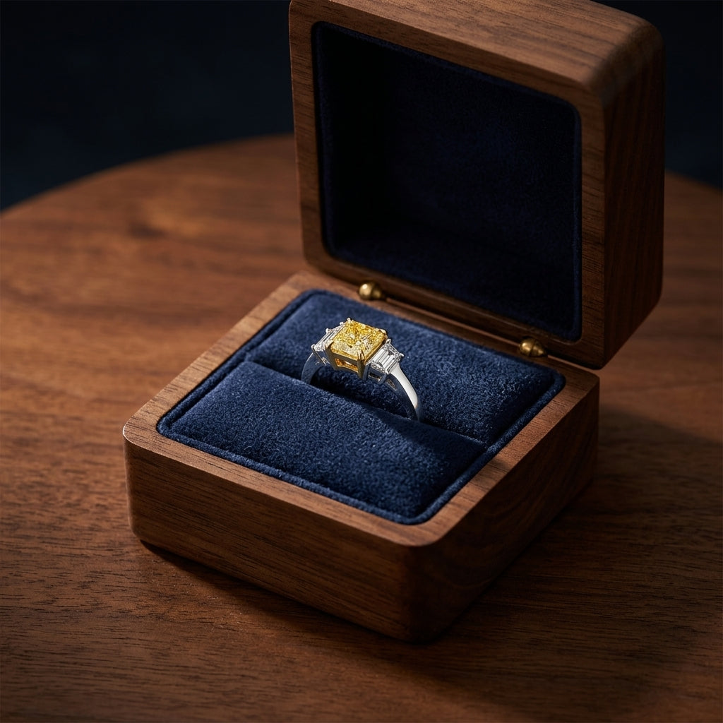 Prong Set Gia Certified Fancy Intense Yellow Diamond Engagement Ring In Platinum — gift presentation