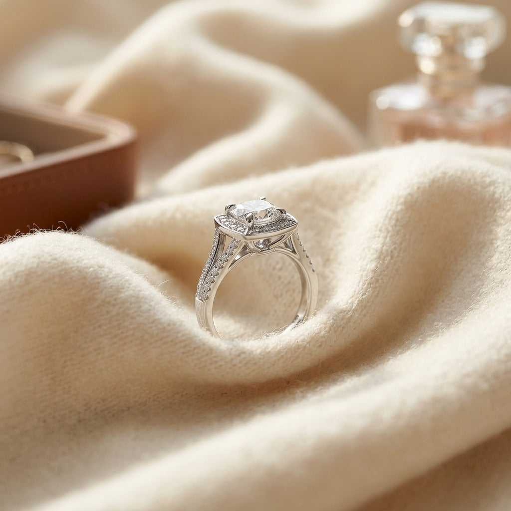 Diamond Cushion Halo Platinum Split Shank Engagement Ring With CZ Center — textile flat lay