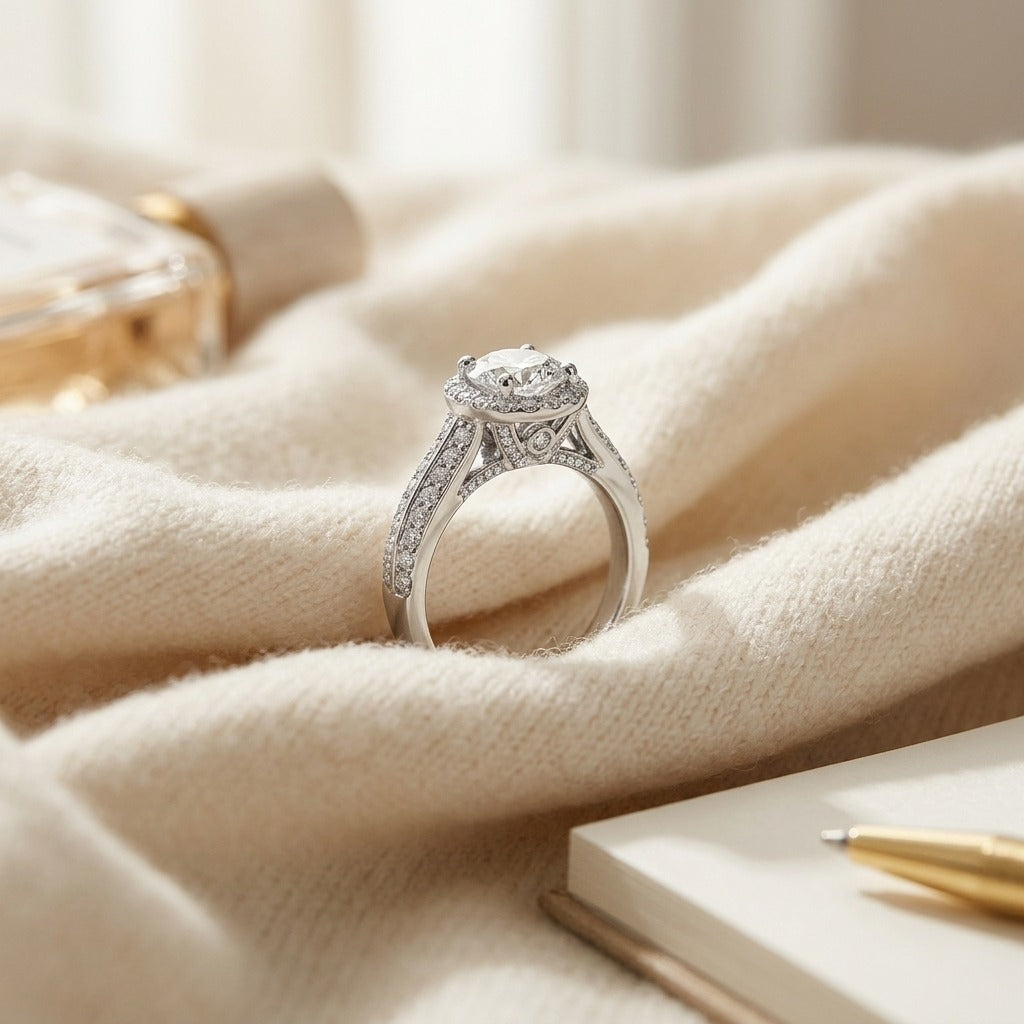 Round Diamond Halo Platinum Engagement Ring With Round CZ Center — textile flat lay