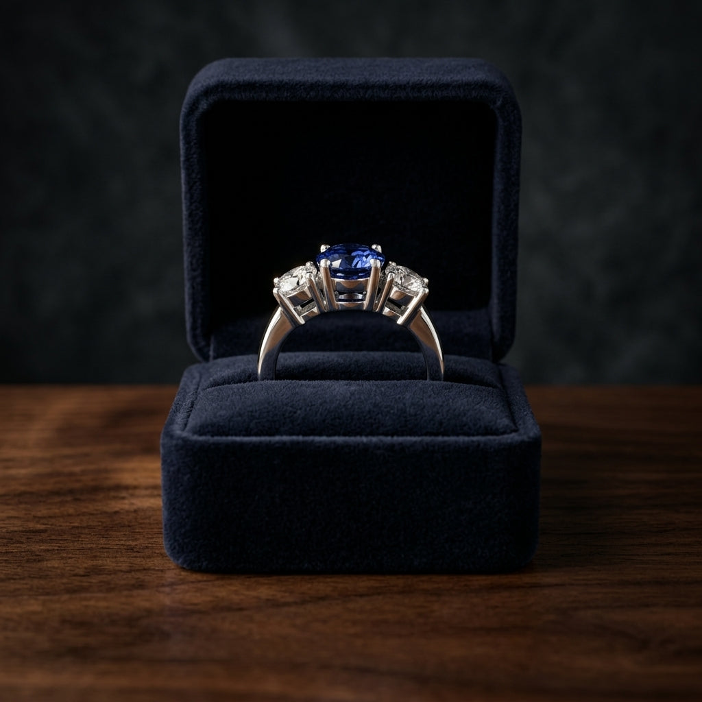 Prong Set Three Stone Round Sapphire & Diamond Engagement Ring In Platinum — gift presentation