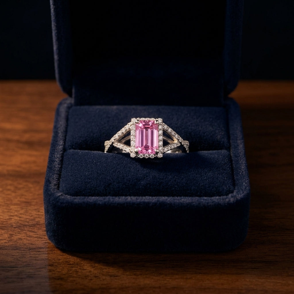 Pink Tourmaline Ring With Infinity Style Pave Diamond Shank In Platinum — gift presentation