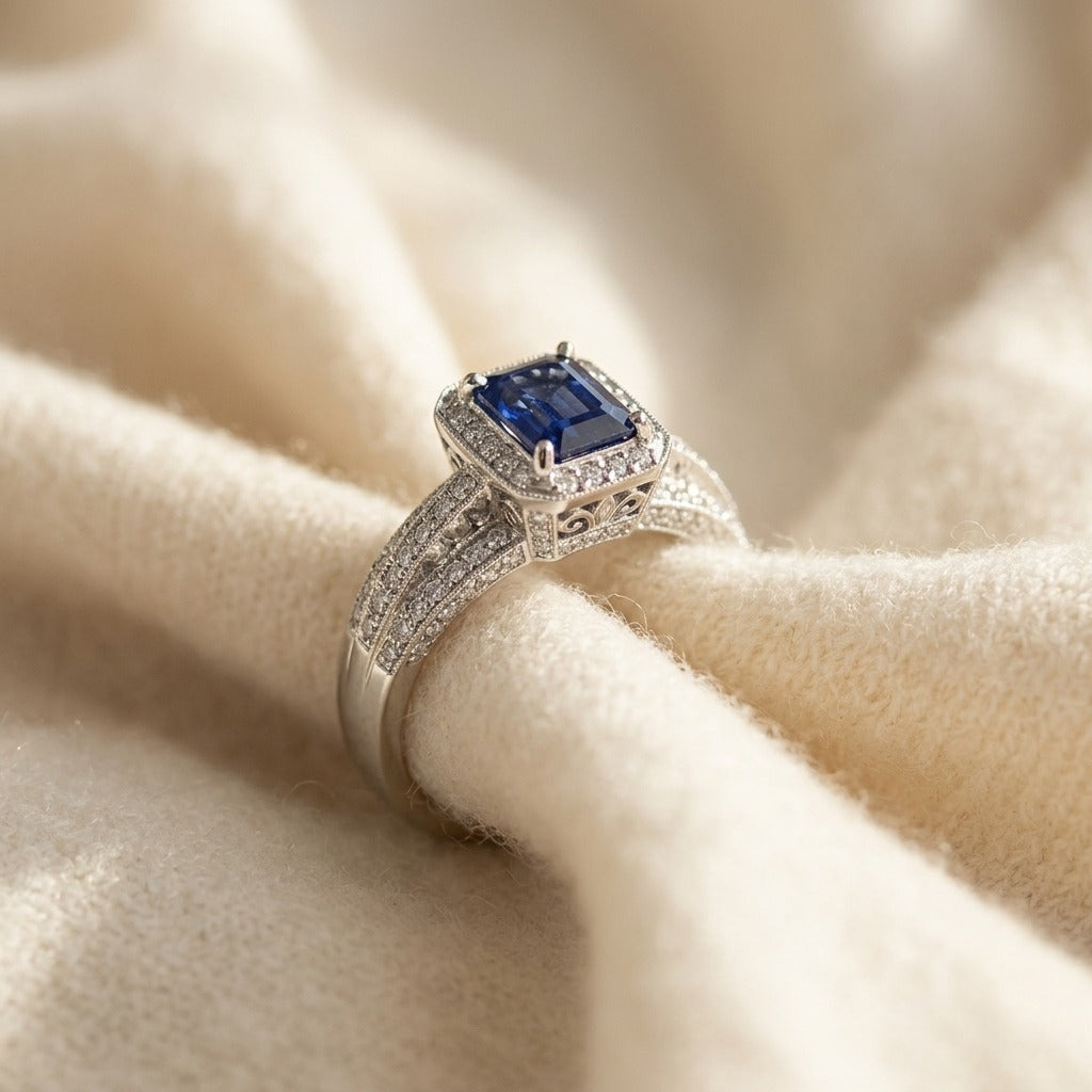 Sapphire Emerald Cut and Diamond Halo Ring 14k White Gold — textile flat lay
