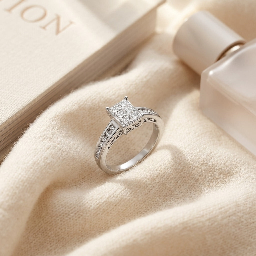 Princess Cut Diamond Invisible Set Platinum Ring — textile flat lay