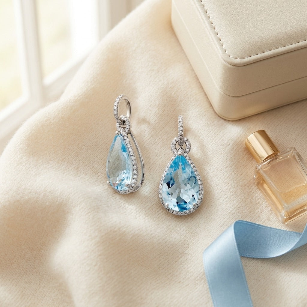 Aqua And Diamond Handmade Teardrop Pendant In Platinum (14x9mm Center) — textile flat lay