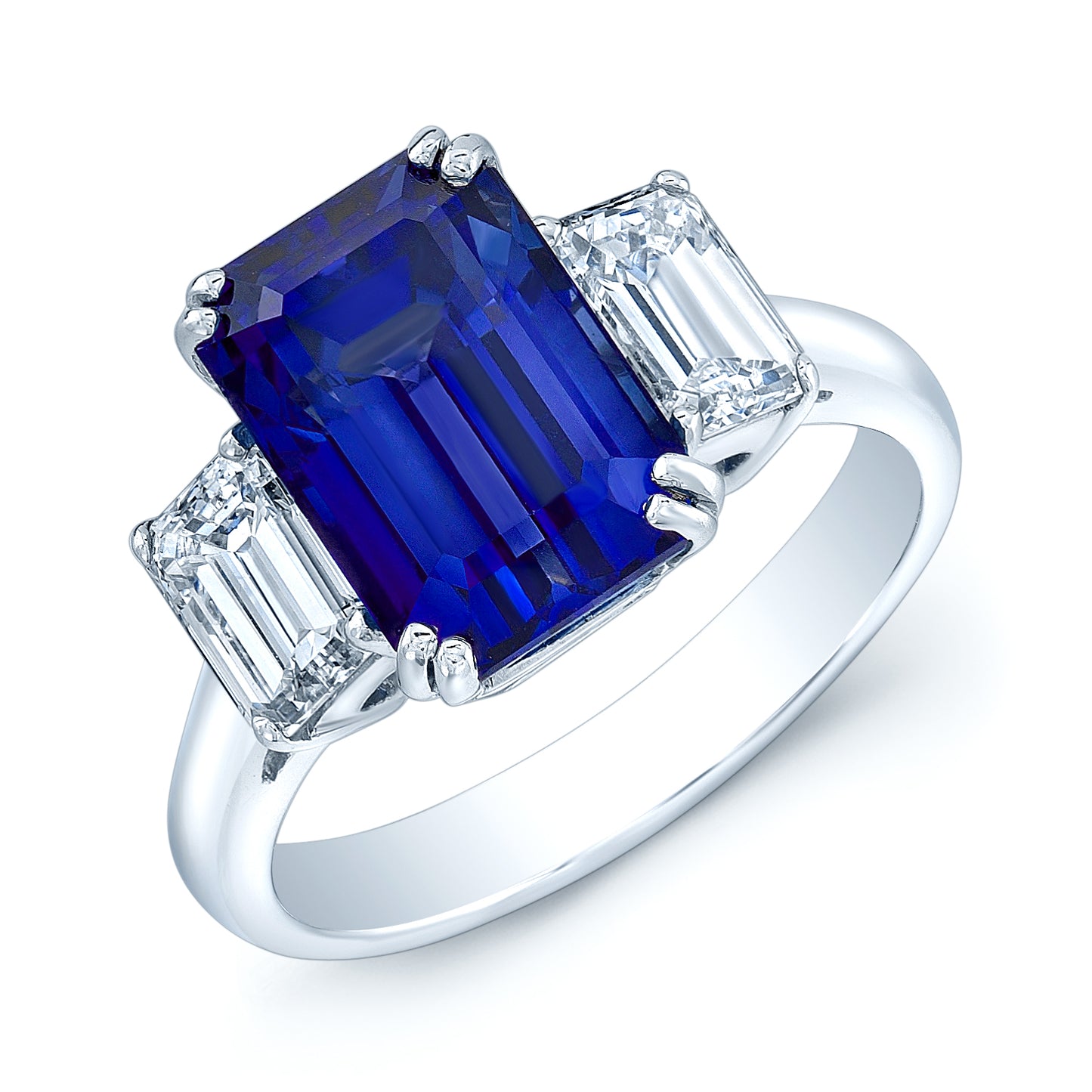 Sapphire & Diamond 3 Stone Emerald Cut Ring In Platinum