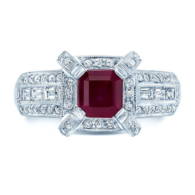 Ruby And Diamond Emerald Cut Ring In 14k White Gold (0.95ctw)