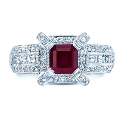 Ruby And Diamond Emerald Cut Ring In 14k White Gold (0.95ctw)