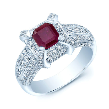 Ruby And Diamond Emerald Cut Ring In 14k White Gold (0.95ctw)