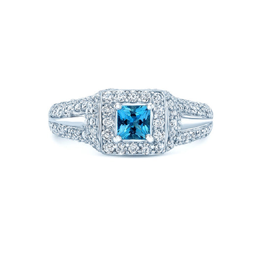Aquamarine And Diamond Square Halo Ring In 18k White Gold (3/4 Ctw)