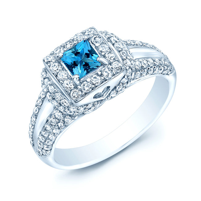 Aquamarine And Diamond Square Halo Ring In 18k White Gold (3/4 Ctw)