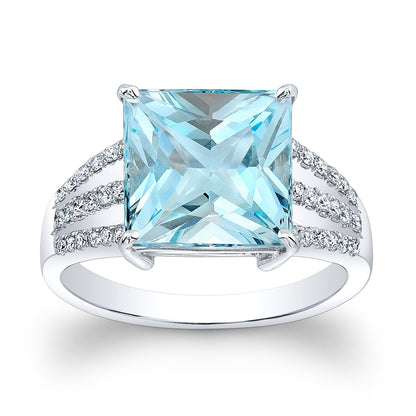 Aquamarine And Diamond Split Shank Ring In 18k White Gold