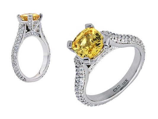 Yellow Sapphire 8mm Cushion And Diamond Ring 18k White Gold
