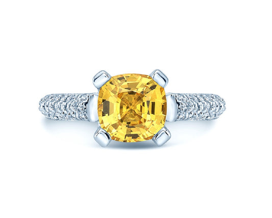 Yellow Sapphire And Diamond Glistened Pave Ring In 18k White Gold (size 5)