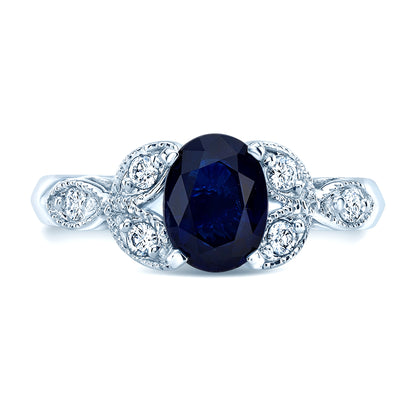 Sapphire And Diamond Leaf Shank Ring In 14k White Gold