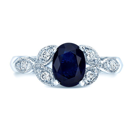 Sapphire And Diamond Leaf Shank Ring In 14k White Gold