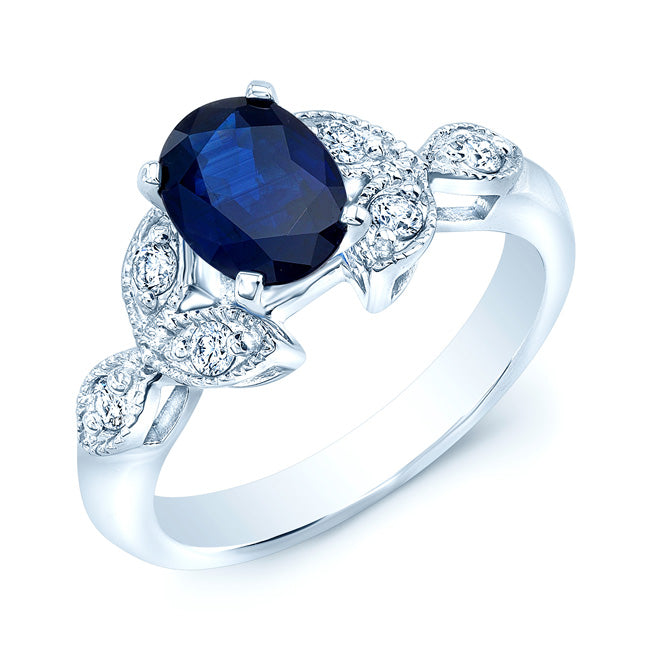 Sapphire And Diamond Leaf Shank Ring In 14k White Gold