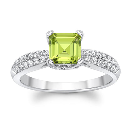 Peridot And Diamond Ring In 14k White Gold