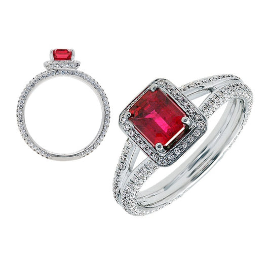Ruby Emerald Cut And Diamond Ring 18k White Gold