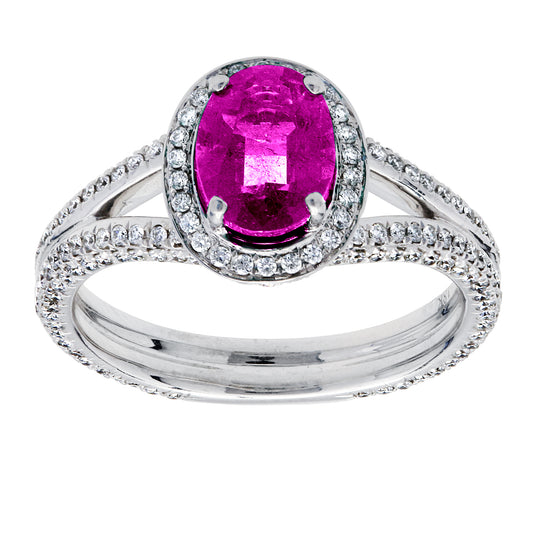 Ruby And Diamond Halo Ring 18k White Gold