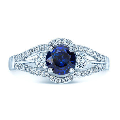 Round Blue Sapphire And Diamond Split Shank Halo Ring In 14k White Gold (hi/vs) (6mm)