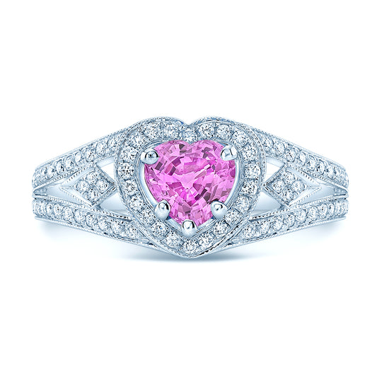 Heart Pink Sapphire And Diamond Split Shank Halo Ring In 14k White Gold (hi/si) (4mm)