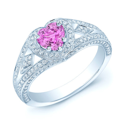 Heart Blue Sapphire And Diamond Split Shank Halo Ring In 14k White Gold (hi/si) (4mm)