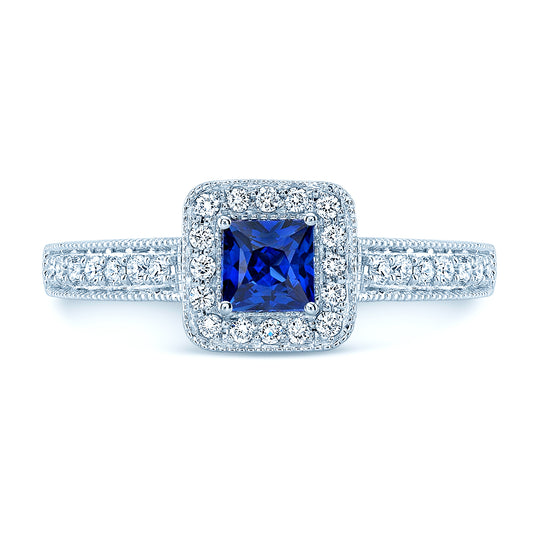 Square Blue Sapphire And Diamond Vintage Halo Ring In 14k White Gold (hi-si) (4mm)