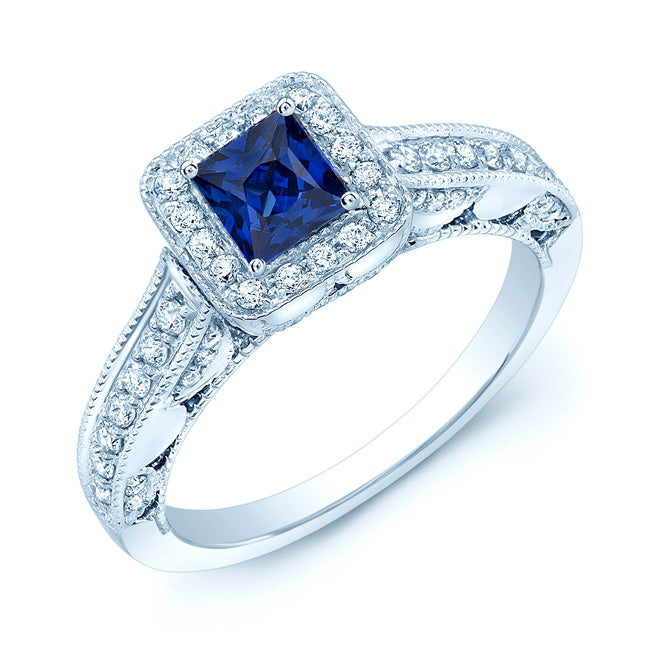 Square Blue Sapphire And Diamond Vintage Halo Ring In 14k White Gold (hi-si) (4mm)