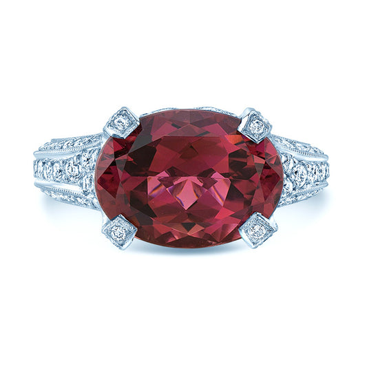 Pink Tourmaline Oval And Diamond Pave Ring In Platinum (1 1/8 Ct. Tw.)