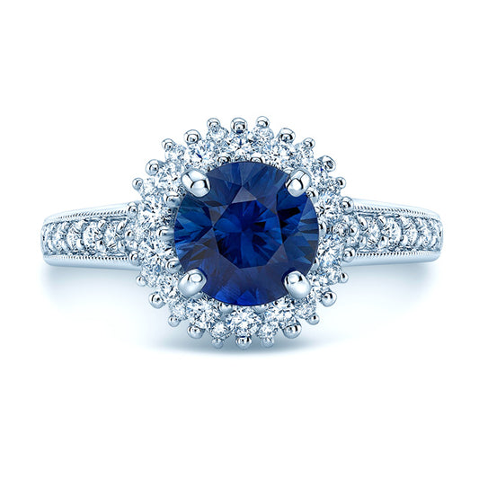Round Blue Sapphire And Diamond Halo Ring In 14k White Gold (hi/vs) (7mm)