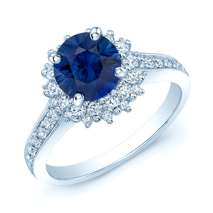 Round Blue Sapphire And Diamond Halo Ring In 14k White Gold (hi/vs) (7mm)