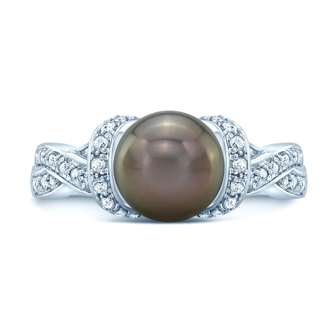 Black South Sea Pearl And Diamond Ring In 14k White Gold