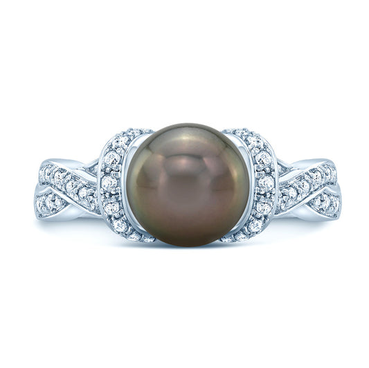 Black South Sea Pearl And Diamond Ring In 14k White Gold