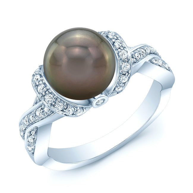 Black South Sea Pearl And Diamond Ring In 14k White Gold